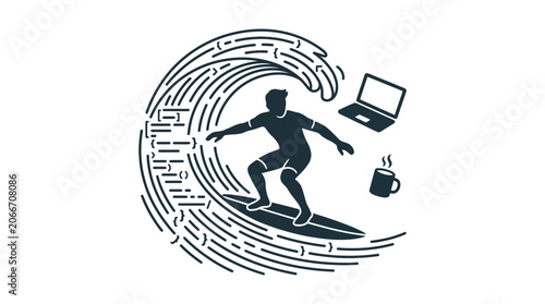 A stylized illustration of a programmer surfing on a wave made of code.