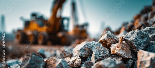 Heavy machinery operates in the background of a pile of rocks and minerals.