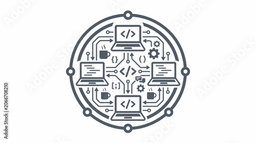 A circular digital network illustration featuring laptops and coding symbols.