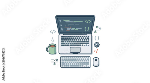 A flat illustration of a laptop computer with a coffee mug and computer accessories.