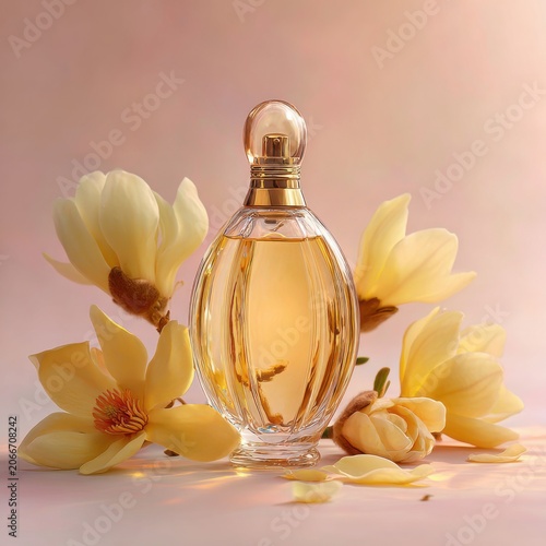 Elegant Perfume Bottle Surrounded by Delicate Yellow Magnolia Blossoms.
