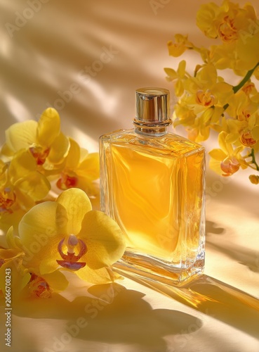 Elegant Perfume Bottle Surrounded by Delicate Yellow Orchids in Soft Light.