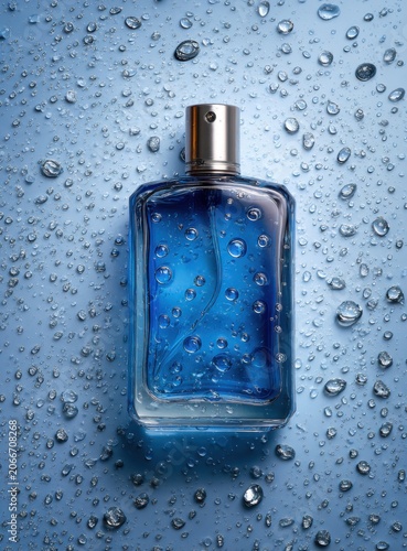 Elegant Blue Perfume Bottle Adorned with Water Droplets on a Textured Background.