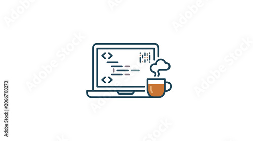 A stylized laptop computer displaying programming code with a steaming cup of coffee.