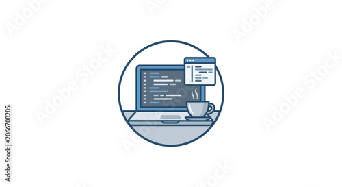 A stylized illustration of a laptop computer displaying code with a coffee cup on a desk.