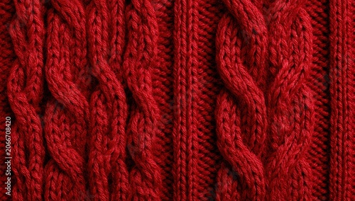 Close-up Macro Shot of Red Knitted Fabric with Cable Knit Pattern.