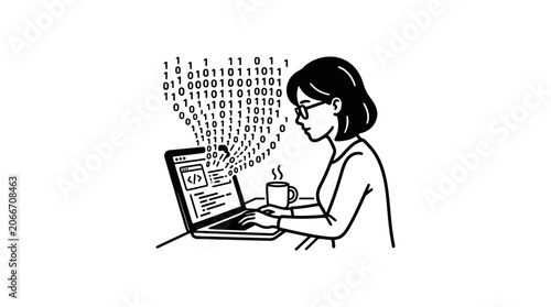 A woman wearing glasses working on a laptop with binary code floating above the screen.