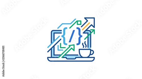 A stylized digital illustration of a laptop featuring coding symbols and growth arrows.