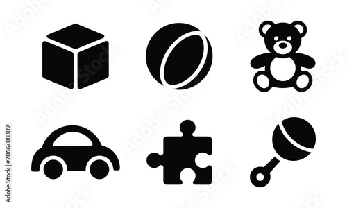 Baby toys and playtime items vector icons set with puzzle and rattle.