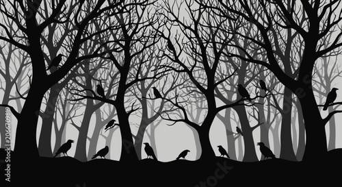 Photos Eerie forest scene with silhouetted crows in monochrome vector illustration, per
