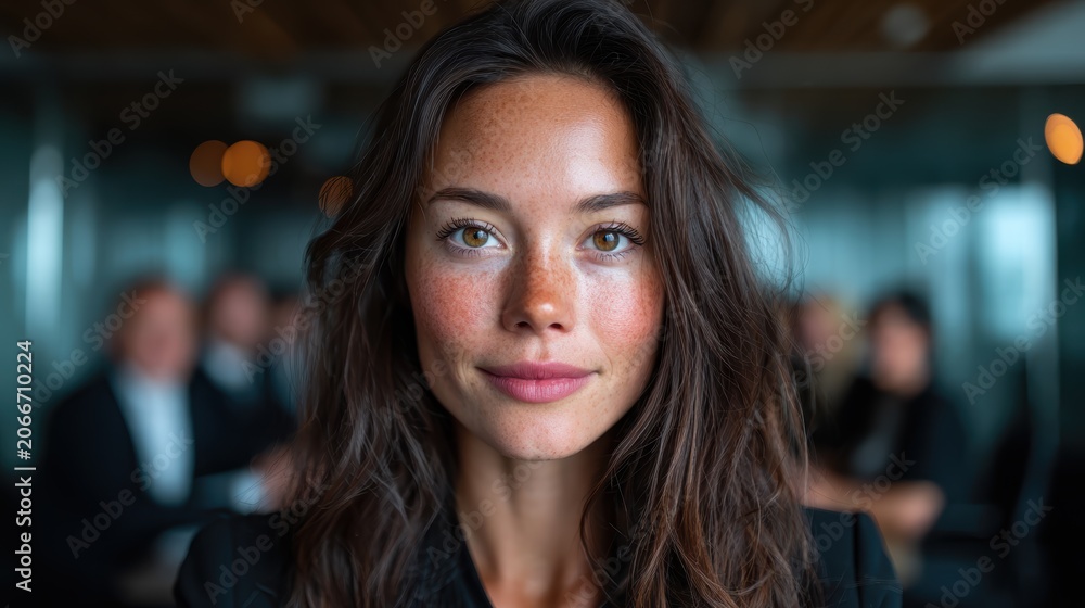Obraz premium A poised young woman with freckles displays confidence in a modern office environment, radiating professionalism and approachability amid a well-lit, focused setting.