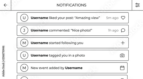 Notifications interface displays a list of recent social media user activities.
