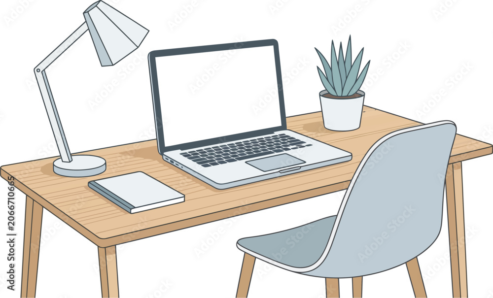 Fototapeta premium Desk setup includes a laptop, lamp, notebook, and plant for a productive workspace.