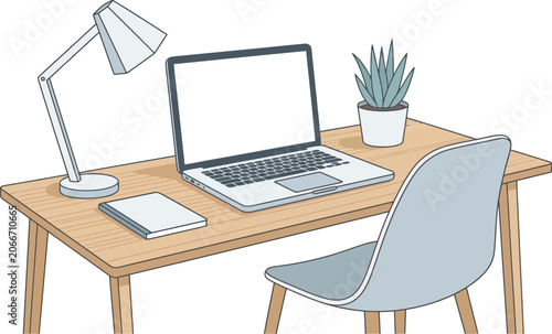Desk setup includes a laptop, lamp, notebook, and plant for a productive workspace.