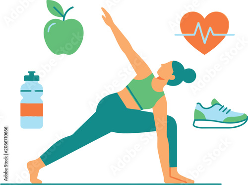 Woman performs yoga warrior pose surrounded by health and wellness icons.