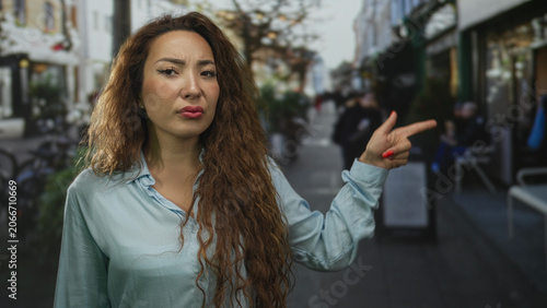 Photos Woman points finger on street with visible hand and red nails expressing dismissal; skepticism dismissal