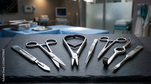 Surgical Instruments Set on Black Slate with Operating Room Background