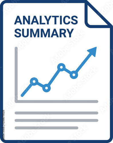 Paper document shows a line graph representing an analytics summary with upward.