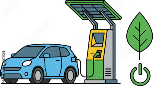 Electric car charging at solar powered station with green leaf energy icon