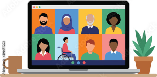 Diverse group of professional colleagues participating in a remote virtual video conference call on a laptop computer screen