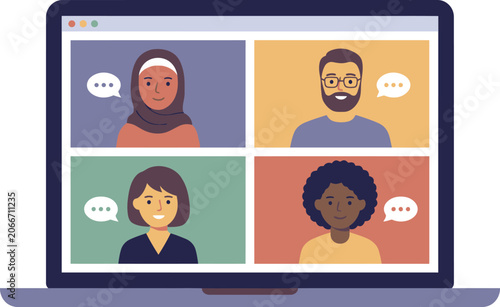 Diverse Professional Team Members Participating in a Remote Online Video Conference Call on a Laptop Computer Screen
