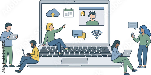 Diverse team of professionals working remotely on a laptop, symbolizing digital collaboration and business connectivity