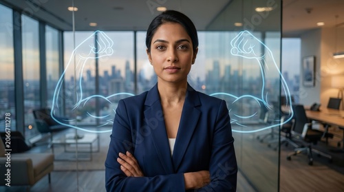 Confident female executive in a modern office with superimposed glowing muscular arms flexing behind her. Symbol of strong female leadership in the workplace.