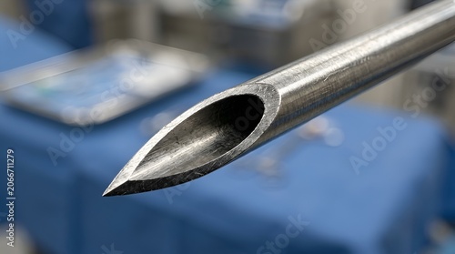 Close-up of a sterile medical needle tip, sharp point, clinical background