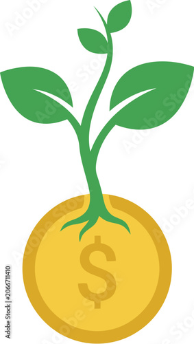 Seedling grows from a dollar coin representing the evolution of financial wealth.