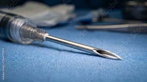 Close-up sterile medical needle on blue surgical cloth