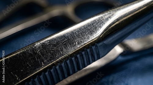 Close-up of sterile surgical instruments, medical tweezers and scissors on blue cloth