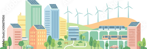 Sustainable green city vector illustration with solar panels wind turbines and eco transport