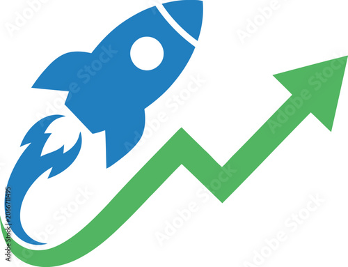Rocket ship graphic takes off over a rising arrow to represent corporate success.