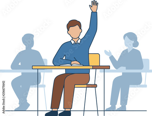 Student raises a hand to participate during a classroom lesson at the desk.