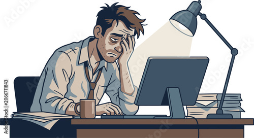 Businessman suffers from extreme exhaustion while working late at his office desk.