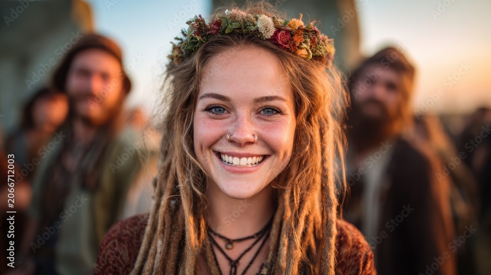 Obraz premium A vibrant woman smiling joyfully in an outdoor setting, adorned with a flower crown and embracing a spirit of freedom and connection with nature.