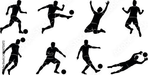 Obraz na płótnie Soccer Player Black Silhouette Set Featuring Footballers Kicking Heading Dribbli