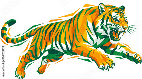 Konstfotografi Vibrant geometric tiger mascot roaring aggressively, depicted with sharp angles