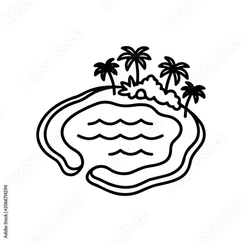 Black line drawing of island with palm trees.