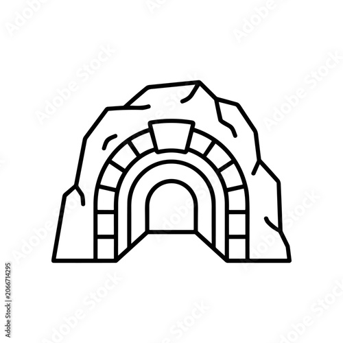 Black line drawing mountain tunnel entrance.