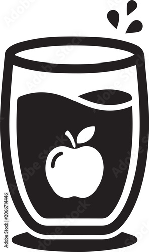Minimalist black and white glass of fresh apple juice icon with splashing droplets