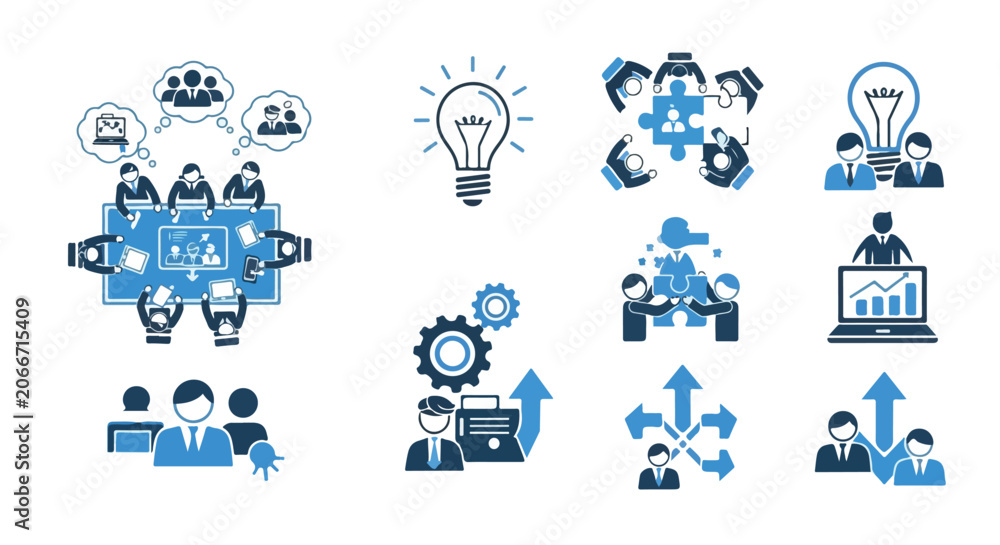 Fototapeta premium This vector features a collection of professional blue and black icons representing business concepts like teamwork, strategy, and ideas.