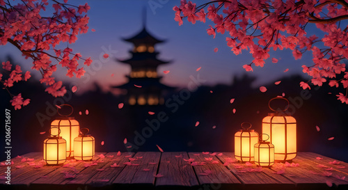 Night landscape with traditional paper lanterns on wooden table and pink cherry blossoms.