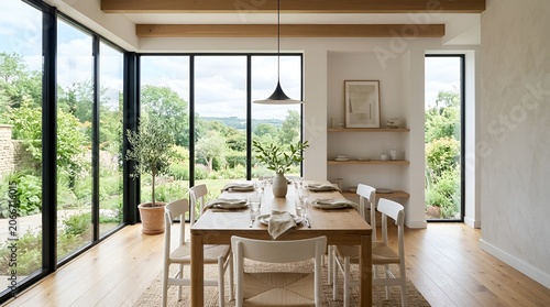 Modern dining room with large windows overlooking lush greenery and rolling hills
