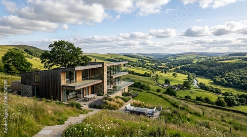 Modern house on hillside overlooking lush green valley, contemporary architecture