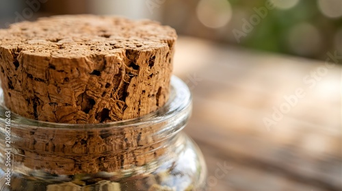 Close up of a cork stopper sealing a glass jar on a rustic wooden table