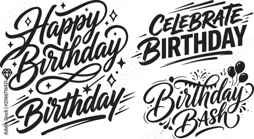 Konstfotografi Happy Birthday and Birthday Bash Typography Vector Set