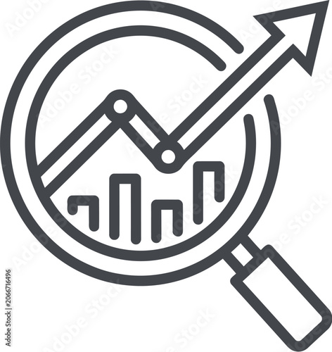 Magnifying glass reveals upward trending business graph and bar chart elements.