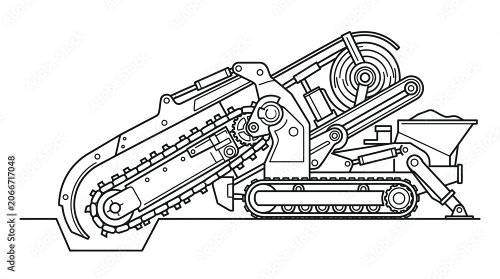 Obraz premium Industrial Trench Excavator Machine Line Art Vector