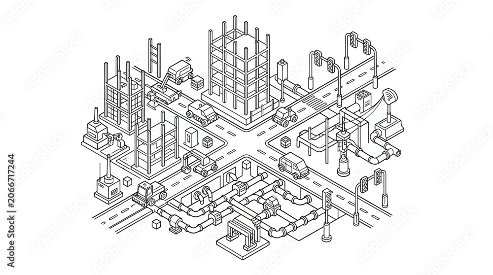 Fototapeta premium Isometric technical drawing of building structure under construction.